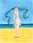 Miku standing on the beach in a white sundress