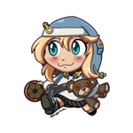 Bridget from Guilty Gear as a chibi character. She is holding her teddy in one arm and holding her yoyo in the other as she runs