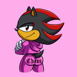 Shadow the Hedgehog in a pink hooded sweatsuit with 'Chaos' written on his butt in black gothic font
