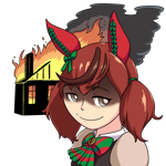 Nice Nature from Umamusume smiling menancingly with a house on fire in the background