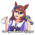 Super Creek holding a baby bottle and rattle with the bottom text reading 'Goo-goo Babies Enjoyer'