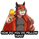 Maruzensky from Umamusume dressed like Steve Buschemi trying to be a kid in 30 rock like in that meme. The text reads 'How do you do fellow kids?'