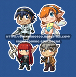 The protagonist, Gallica, Hulkenberg, and Strohl from Metaphor: Refantazio as chibi characters.