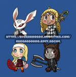 Heismay, Eupha, Junah, and Basilio from Metaphor: Refantazio as chibi characters, smiling.