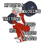 Oguri Cap from Umamusume doing a barbell squat with improbably massive weight. The text reads 'My body is a machine that turns food into first place'