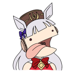 Simplified drawing of Gold Ship with her tongue sticking out of the side of her mouth